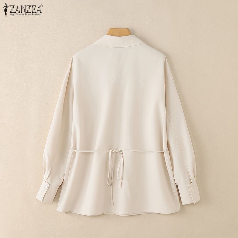 ZANZEA Women Turn Down Collar Loose Casual Long Sleeve Zipper Blouse