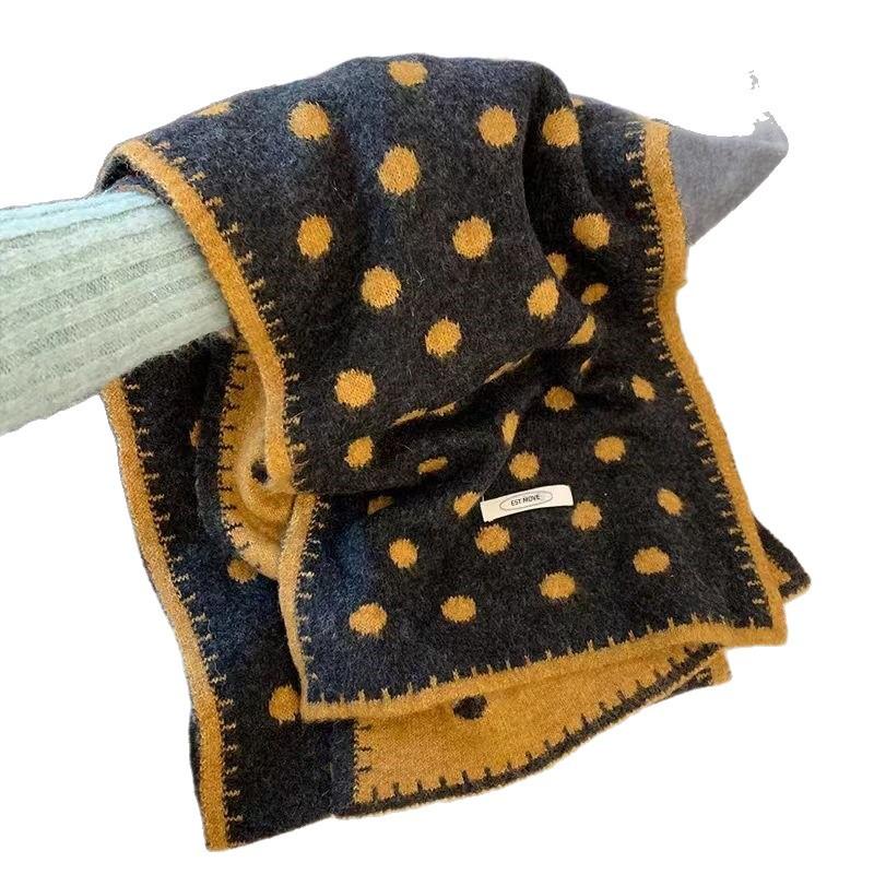 Red Korean atmosphere double-sided polka dot knitted scarf women's autumn and winter versatile thickened warm and cold scarf