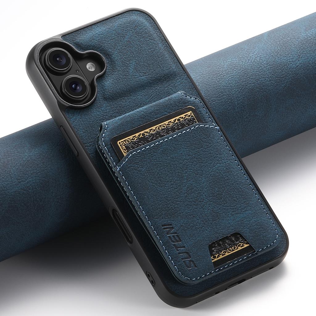 SUTENI H02 For iPhone 16 Case Card Slots Kickstand Litchi Texture Leather+TPU Cover