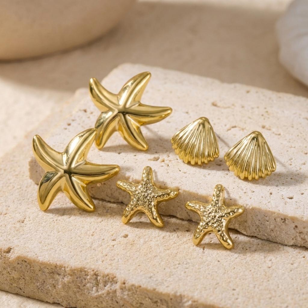CCB Shell Starfish Stud Earrings Set For Women Men Conch Spiral Waterdrop Earrings Fashion Summer Beach Seaside Party Zircon