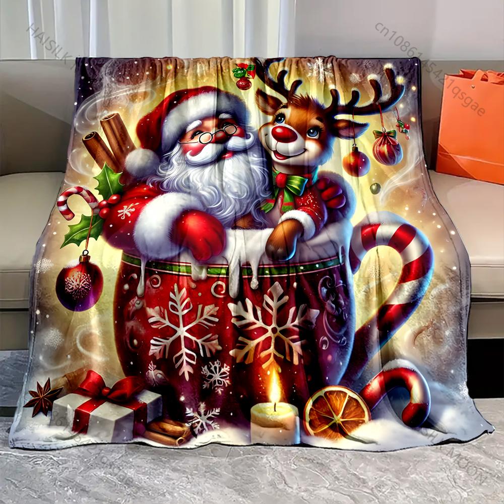 

1PC Santa and reindeer in cup pattern Blanket Flannel Material Soft Warm for All Seasons,For Home Outdoor Camping Picnics RV 75x90cm