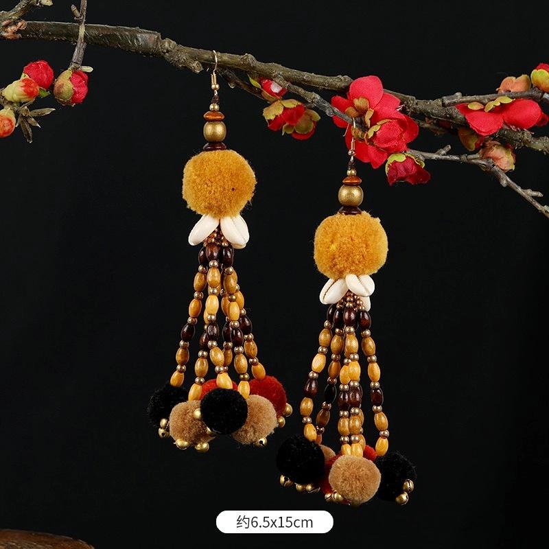 Retro Contrasting Pom-pom Earrings, Exaggerated Personality, Bohemian Vacation Long Fringed Temperament Earrings for Women