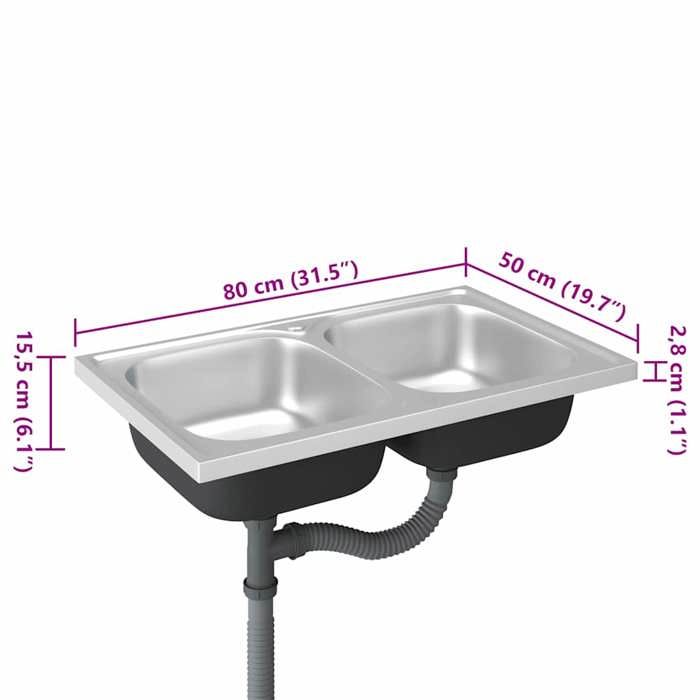 VidaXL Double Bowl Kitchen Sink Silver 800x500x155 Mm Stainless Steel 147234