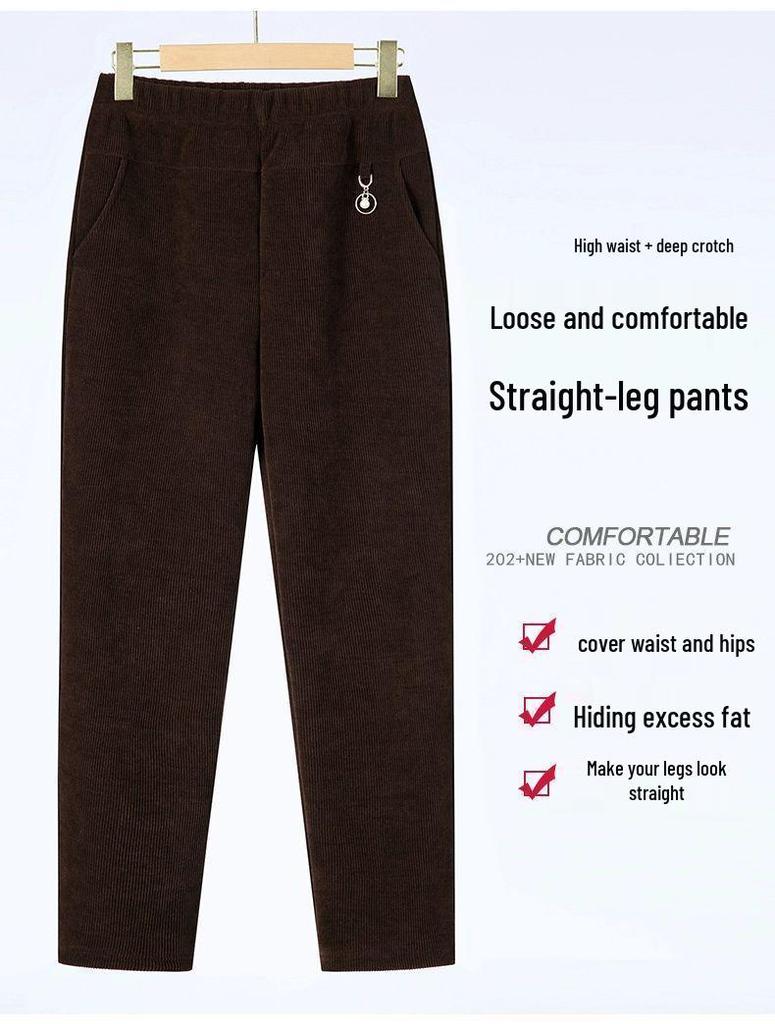 Mom's Corduroy Pants: Spring & Autumn Long, Middle-Aged & Elderly, Grandma's Winter Cotton Plus Velvet, Loose Fit, Large Size.