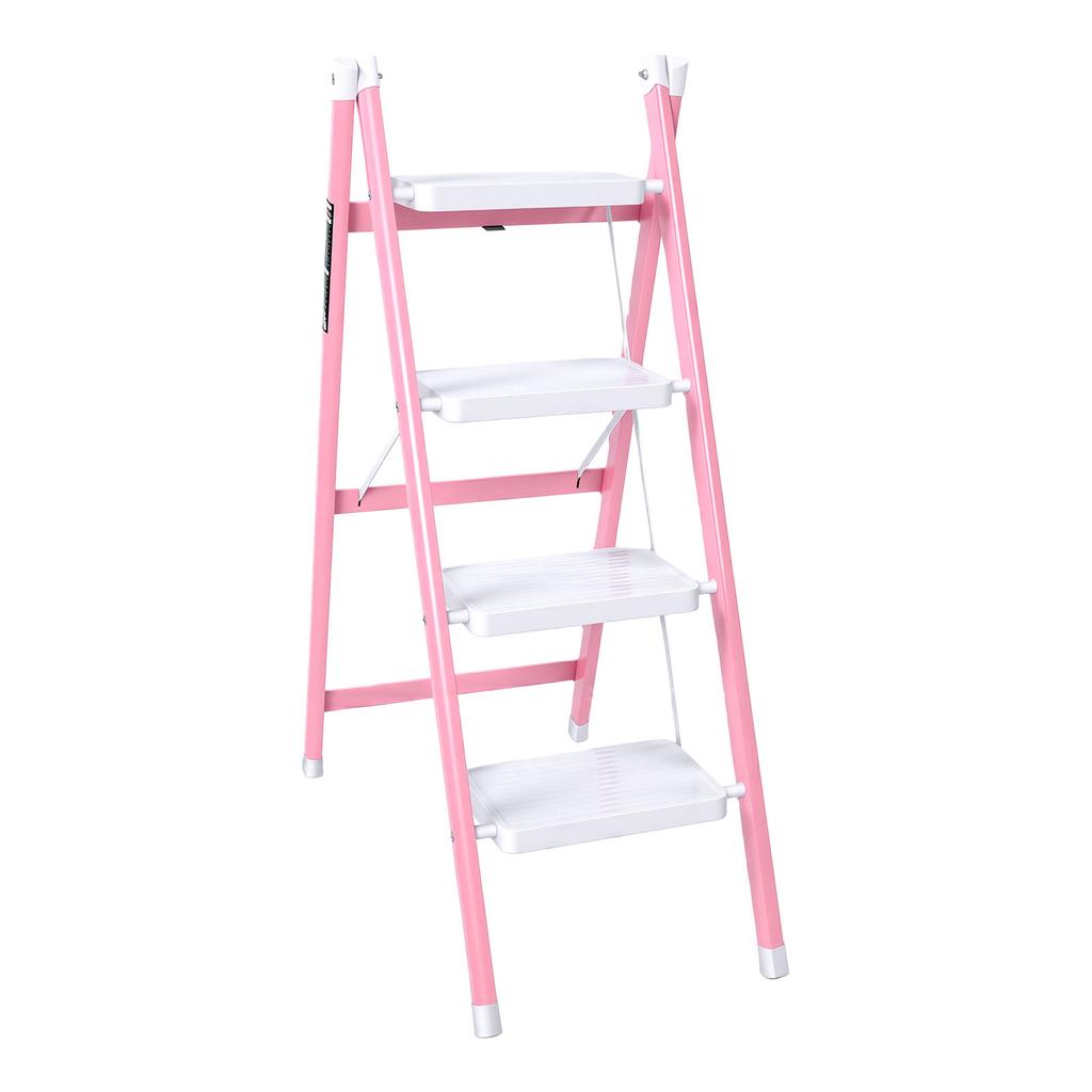 4 Step Ladder Non Slip Folding Step Stool Ladder Thickened Flower Stand for Kitchen Bedroom Office Pinkish White