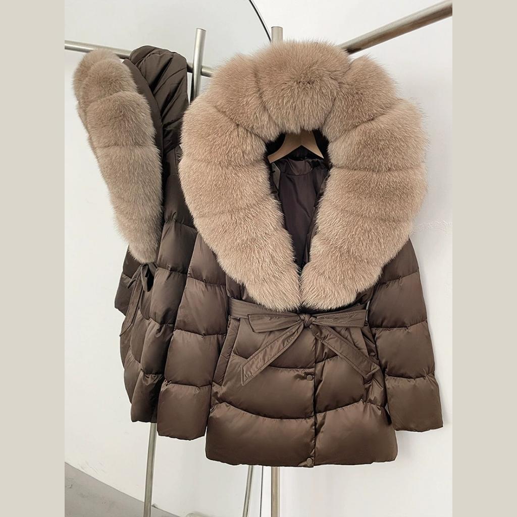 Winter Fox Big Fur Collar High-end Thickened Down Jacket Women's Mid-length Waist Imitation Leather Jacket