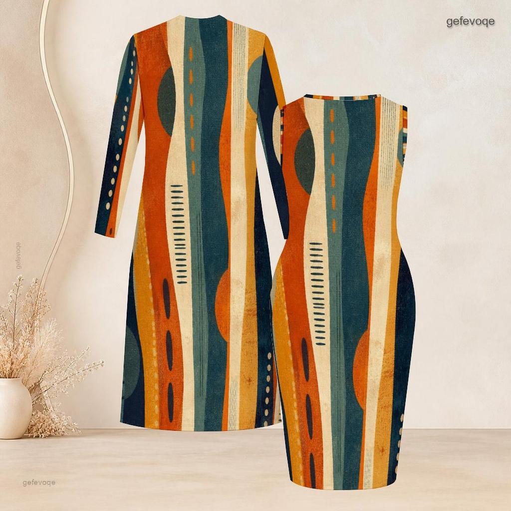 Women Plus Size Geometric Printed Two Piece Set Long Sleeve Open Front Cardigan Sleeveless Bodycon Dress