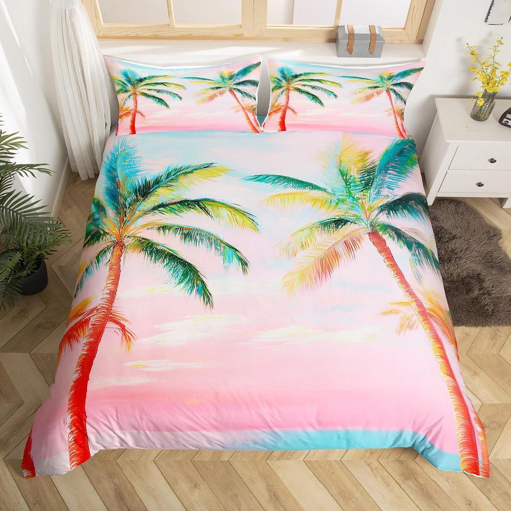 Comforter Coconut Trees Vintage Red Flower Hawaiian Tropical Leaves Comforter Palm Tree Bedding Set With