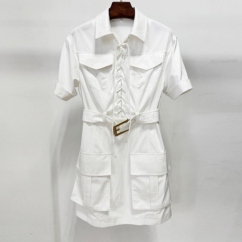 In Stock: 2026 Spring European & American Celebrity Fashion Belted Short-Sleeve Casual Dress M