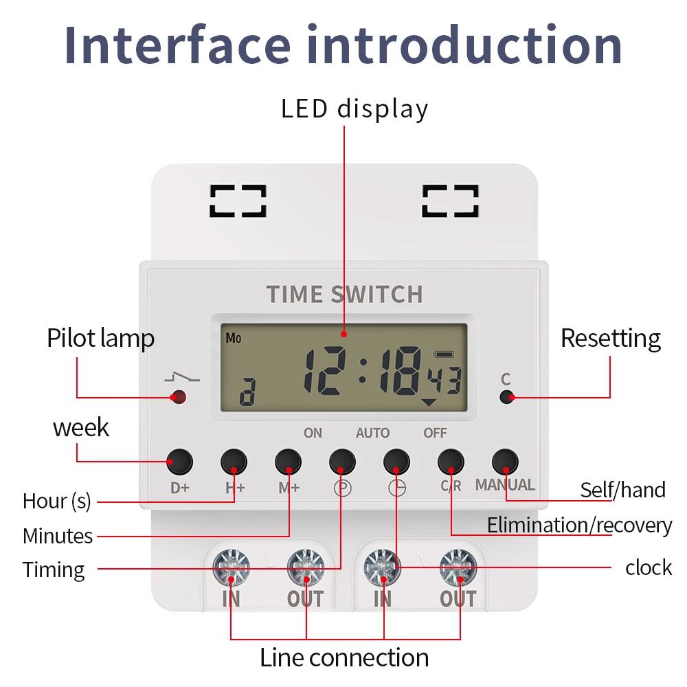 220V 60A/80A/100A Digital Timer Control Switch Weekly Programmable Time Controllor Din Rail Relay Can Set For 168 Hours