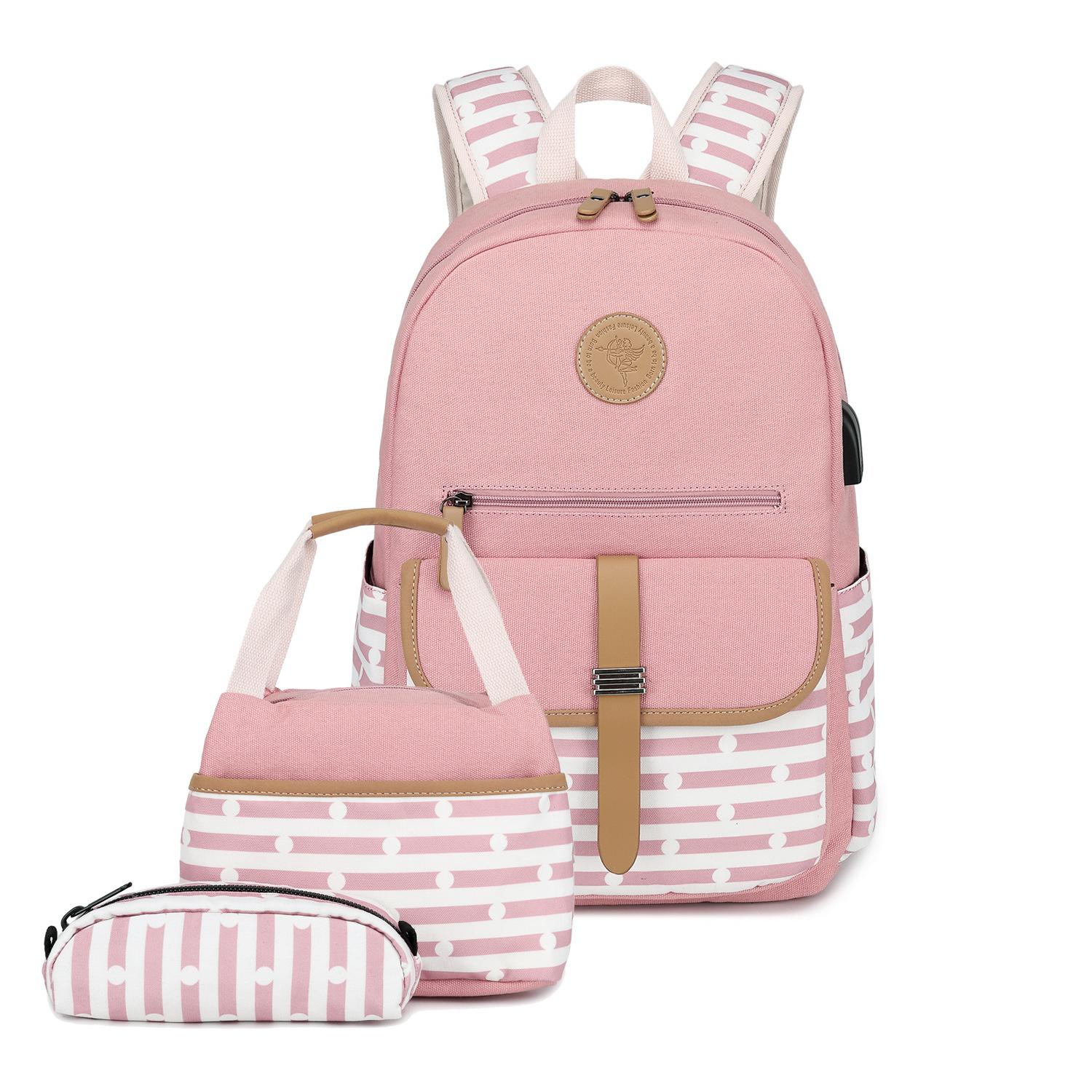 

Three-piece Striped Outdoor Backpack Female Trend High School Student School Bag Outdoor Travel Multi-function Travel Backpack розовый