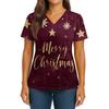 Women's Christmas Print V-Neck Double Pocket Short Sleeves Hem Slit  Uniform And Caregiver Top