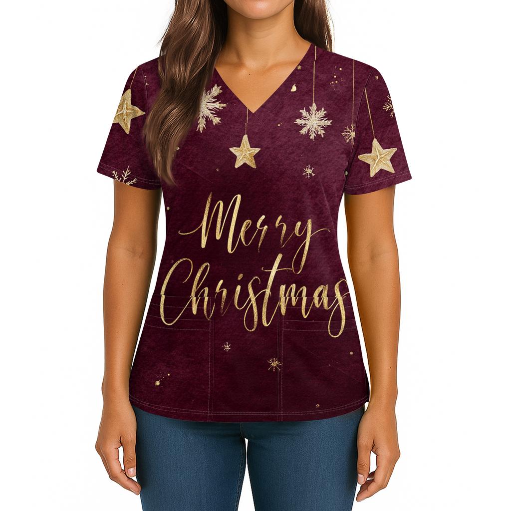 Women's Christmas Print V-Neck Double Pocket Short Sleeves Hem Slit  Uniform And Caregiver Top