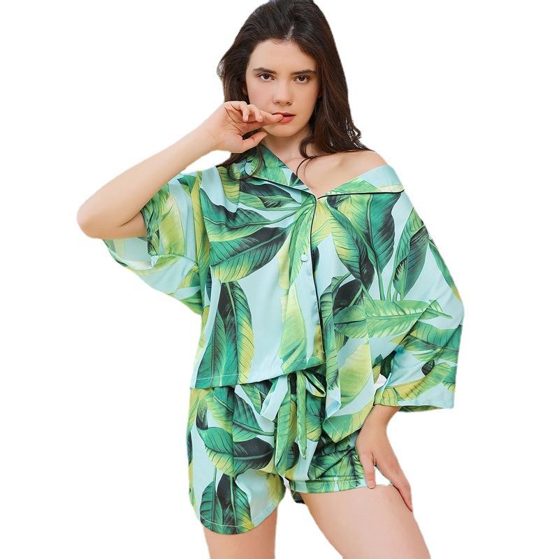 Pajamas women's summer 1011 new ice silk short-sleeved shorts two-piece set Internet celebrity high-end printed loungewear