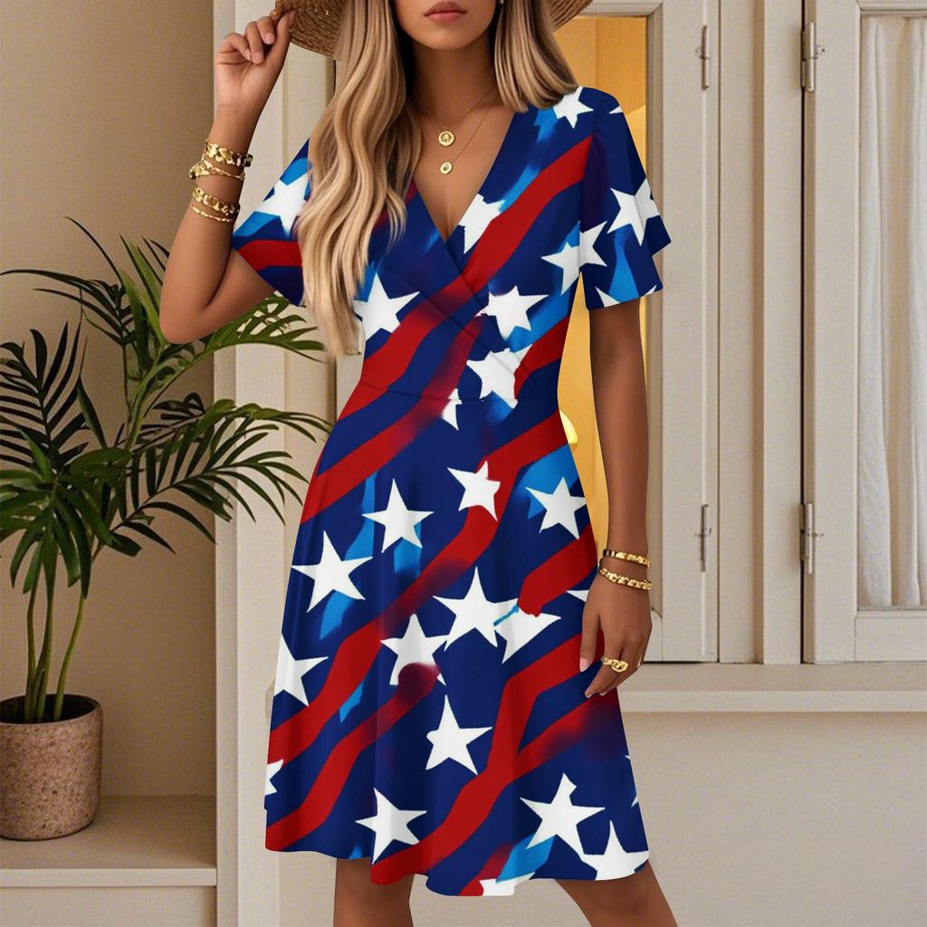 Women's Summer Fashion Independence Day Printed Dress Casual Beach A-line V-neck Loose Sundress