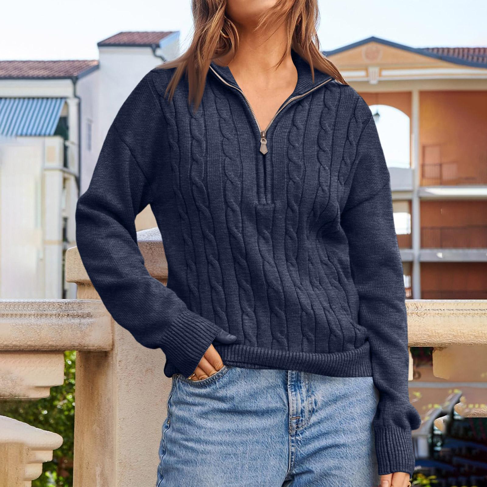 

Women s Casual Half Zipper Knitted Sweater Solid Color Casual Loose Sweater L
