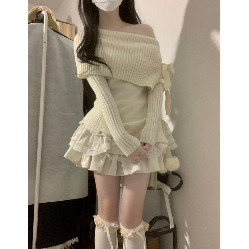 

2025 Autumn/Winter College-Style One-Shoulder Knit Sweater & Skirt Set S