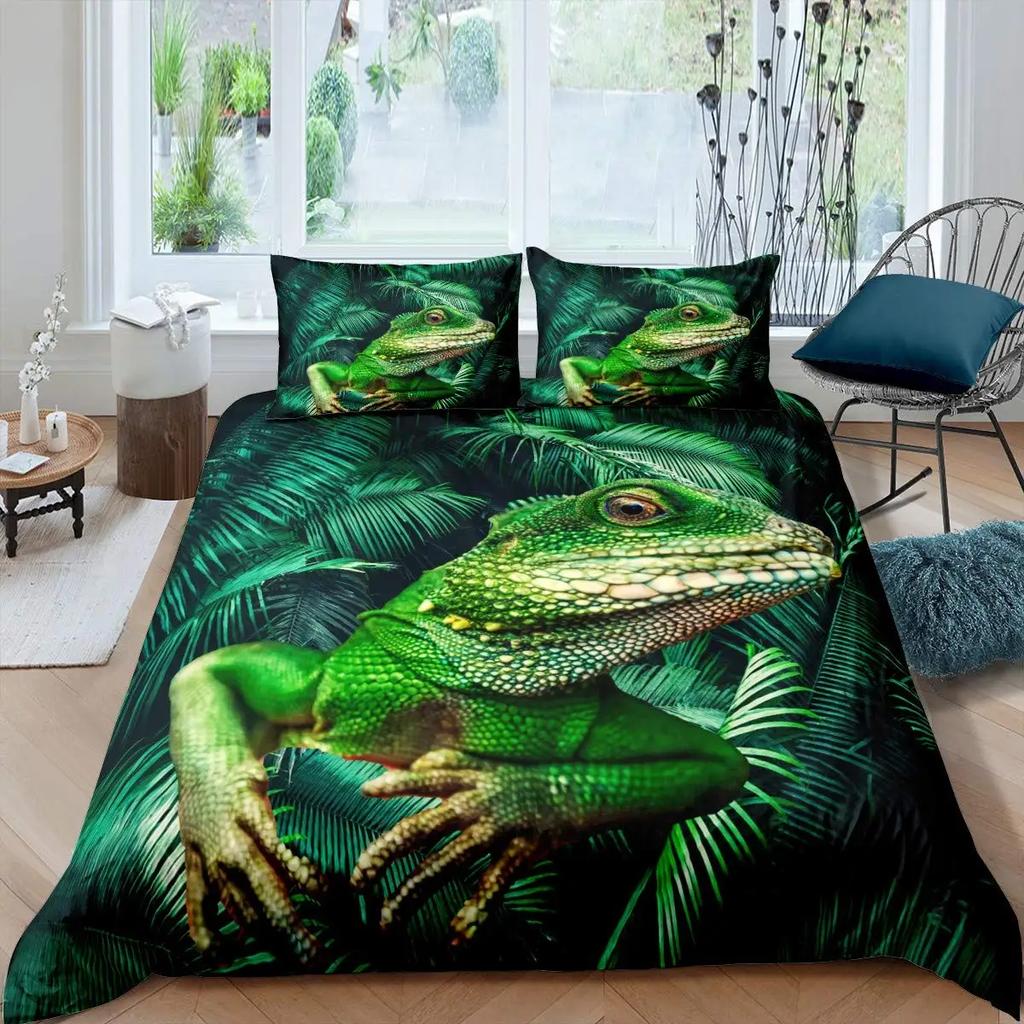 Chameleon Duvet Cover Set 3D Wild Animal Theme Twin Bedding Set Wildlife Comforter Cover Boys Green Leaf Polyester Quilt Cover