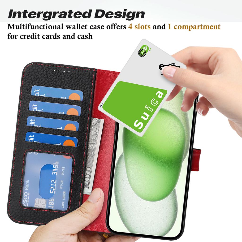 For iPhone 15 Plus/14 Plus Stand Case Litchi Texture Genuine Cow Leather Wallet Phone Cover RFID Blocking