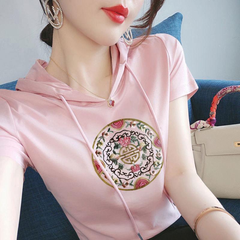 

100% Cotton Women s Ethnic Style Hooded Sweatshirt - Short Sleeve Summer Casual Loose T-shirt M - 80-100 lbs