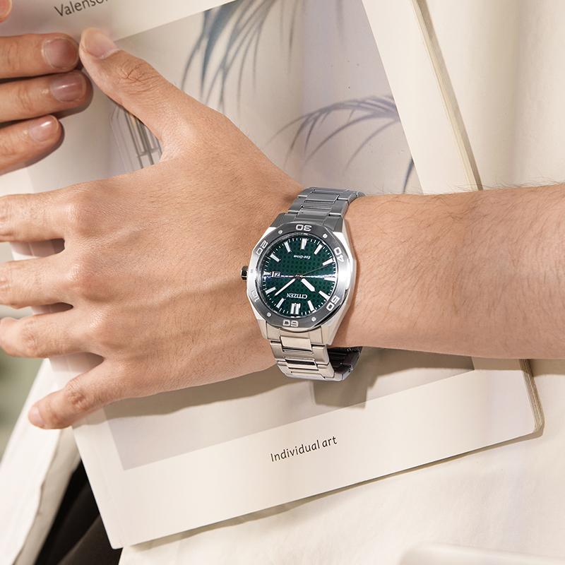 CITIZEN Eco Drive Light Powered Quartz Movement Stainless Steel Strap Watch 41mm Unisex Green Dial BM7630-80X