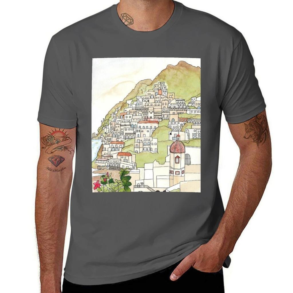 Positano Ink and Watercolor T-Shirt T Shirts Cotton 100% T Shirts for Man Cotton T-Shirt