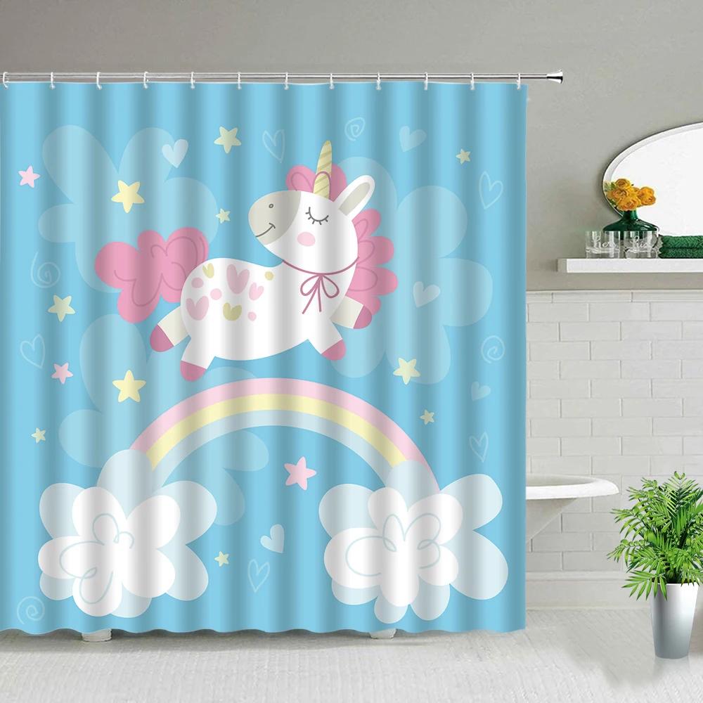 

Мультяшные животные Единорог Шторки для душа Радуга Бабочка Детский Декор для ванной комнаты Набор занавесок для ванны Водонепроницаемая ткань с крючками 60x70in-150x180cm