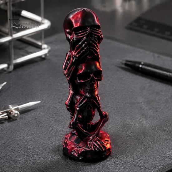 Office Desk Accessories 3D Printed Triple Skull Statue, Halloween Horror Hear No Evil See Modern Interior Ornaments Speak Figurine, Creative Decor for