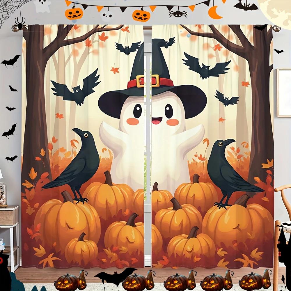 Set Of 2 Halloween Cartoon Ghost Pumpkin Print Curtains Pole Bag Home Decorations Room Made Polyester