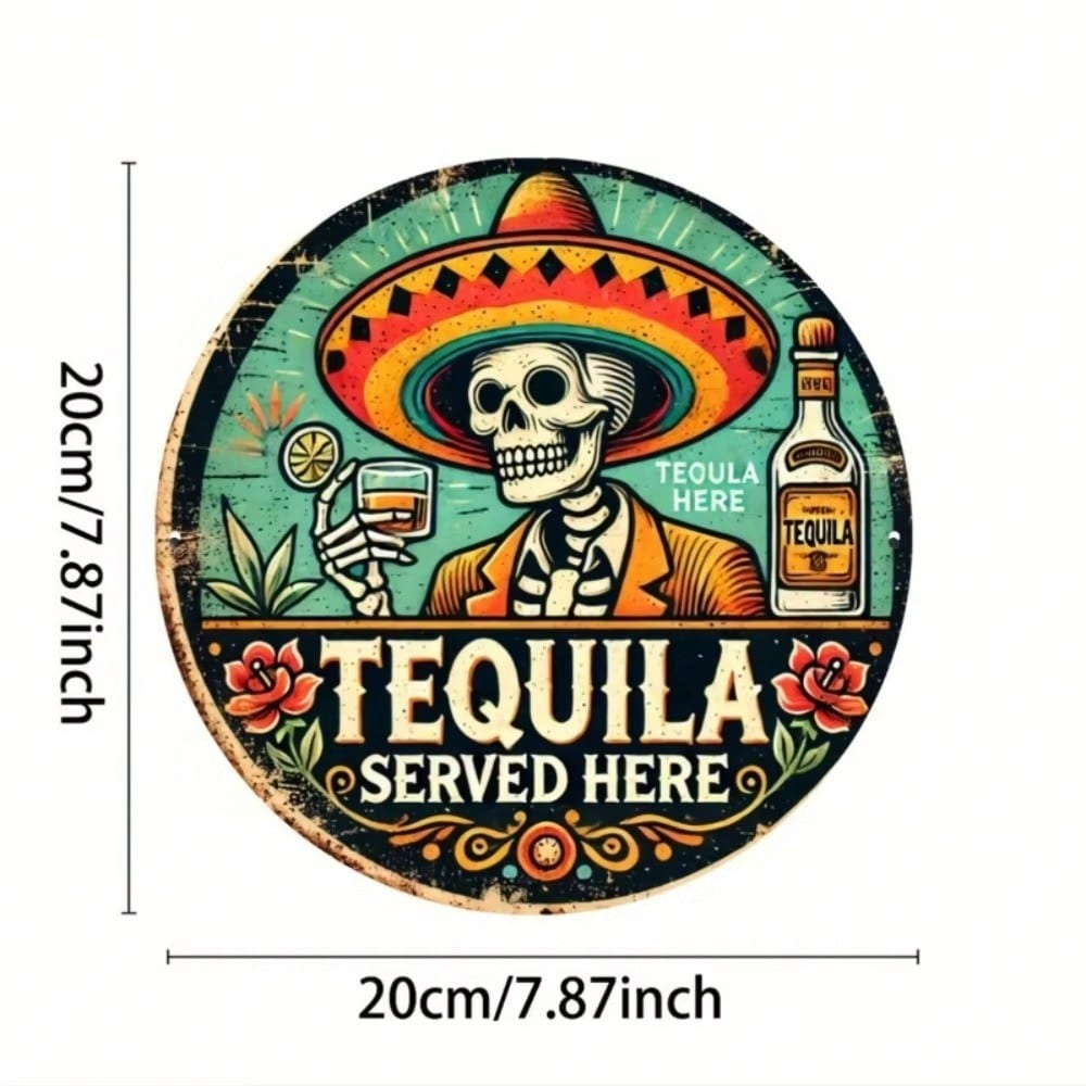 Mfoever Tin Sign Vintage Tequila Served Here Metal Tin Sign Retro Mexican Sugar Skull Sombrero Round Wall Art Decor Classic Bar Pub Tequila Bot