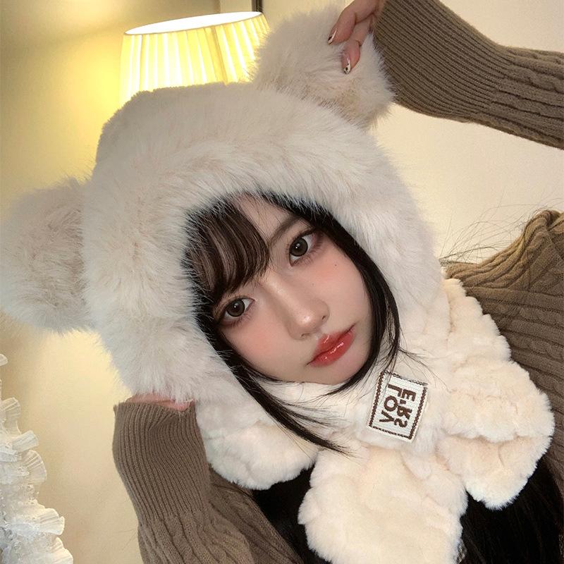 Orelhas de Urso Outono e Inverno Chapéu Lei Feng Feminino Chapéu de Pelúcia Cachecol Integrado Chapéu Pulôver Quente Conjunto Fofo Versátil de Duas Peças
