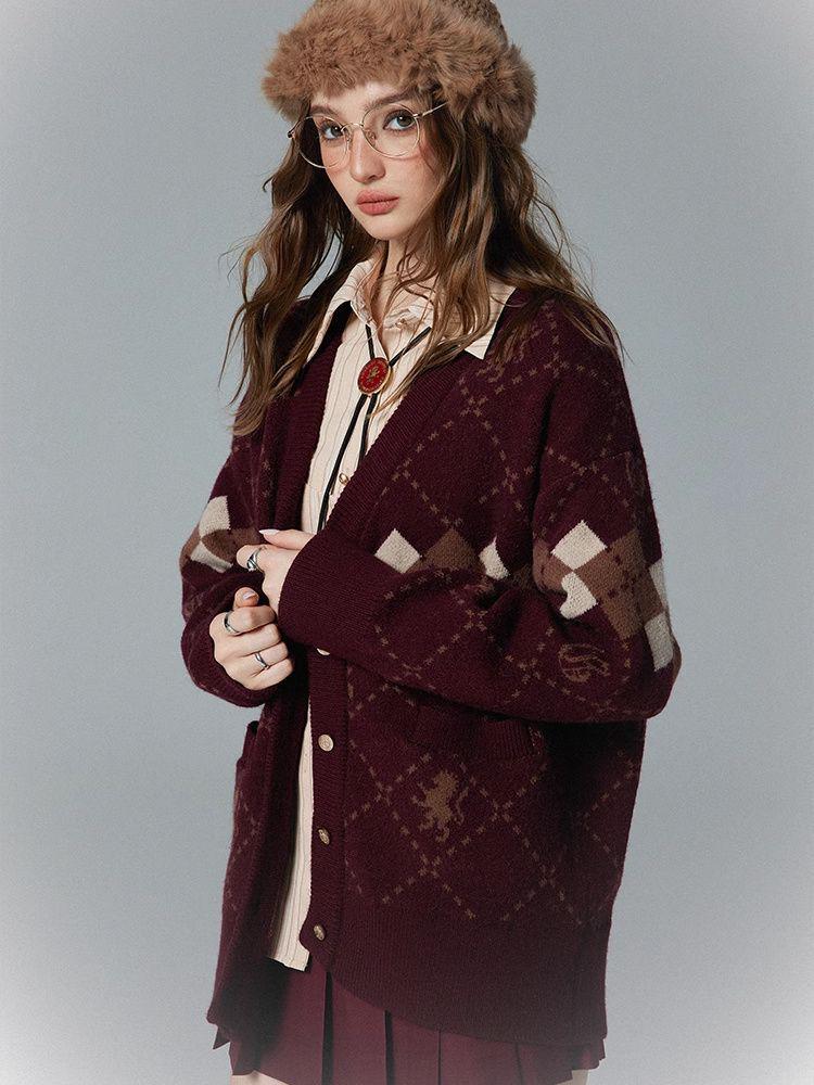 

Женский кардиган с контрастным ромбовидным узором в стиле Гарри Поттера, в стиле колледжа, коллекция осень/зима 2024 г. One Size вино красного