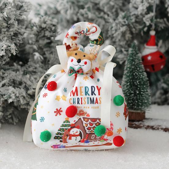 Christmas Gift Bag with Drawstring Reusable Candy Bag for Treats Cookie Goodies Xmas Eve Fruit Storage Bag with Santa Snowman Deer Doll