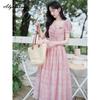 Prairie Chic Summer Women Fairy Midi Dress Square Collar Lace Patchwork Hollow Out Dress Pink Embroidery Feminine Sweet Dresses