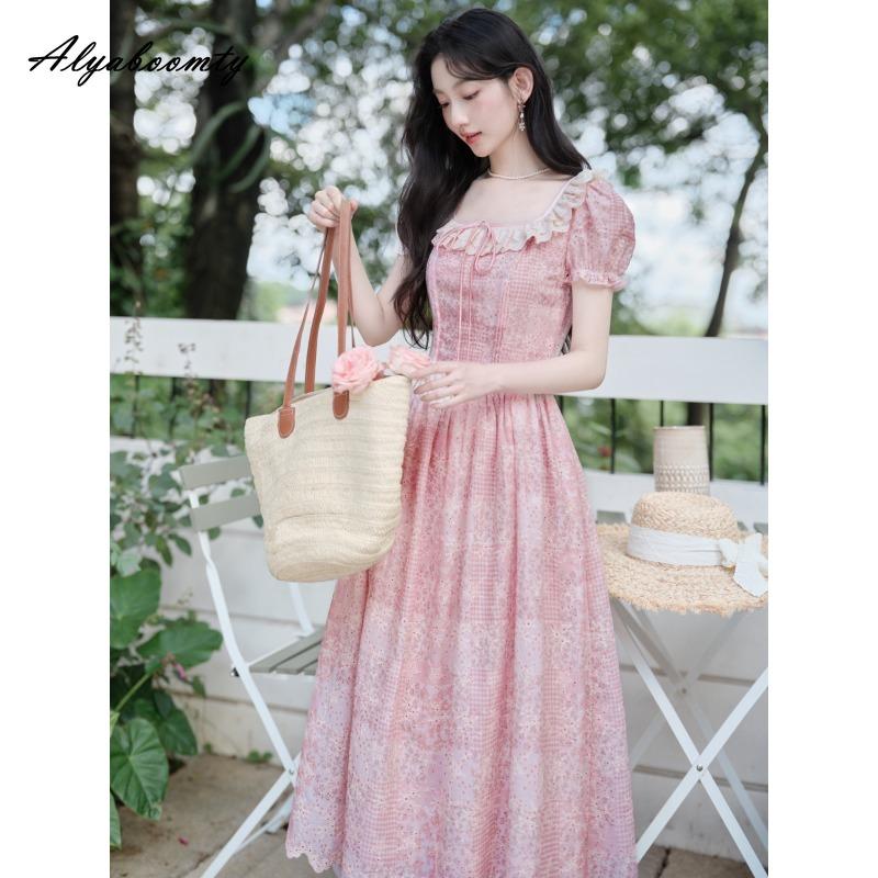 Prairie Chic Summer Women Fairy Midi Dress Square Collar Lace Patchwork Hollow Out Dress Pink Embroidery Feminine Sweet Dresses