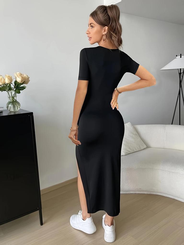 Side Slit Long Dress - Solid Color, Spring/Autumn, European & American Style, Tight Fit, Elastic Base