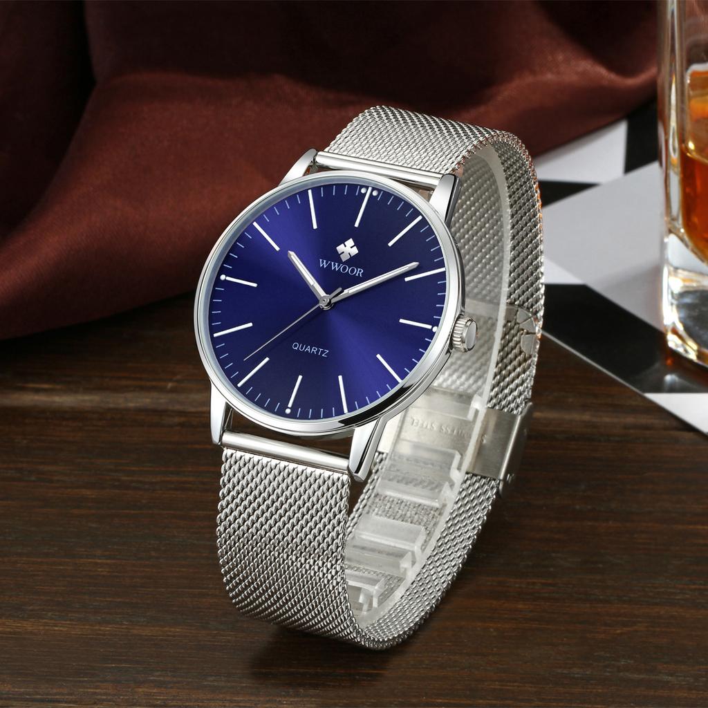 WWOOR Men's Watches Ultra thin Stainless Steel Waterproof Quartz Wrist Watch for Men Top Brand Luxury Fashion Male Watch
