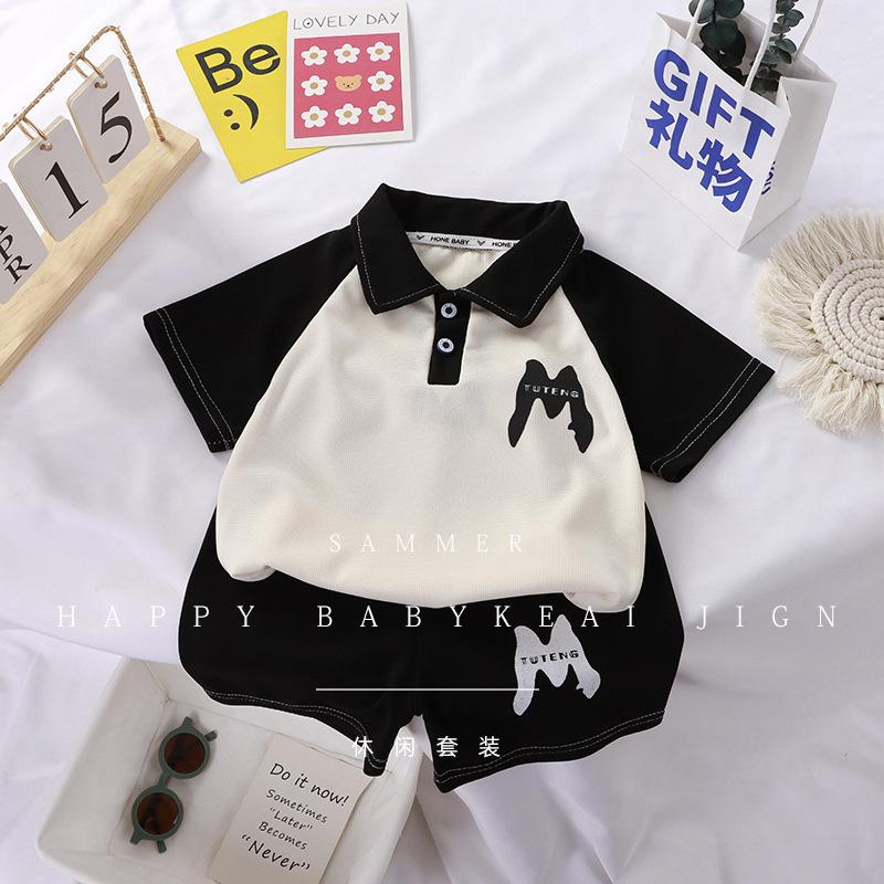 2026 New Korean Style Color Blocked Summer Children s Collar Polo Shirt Set 80cm
