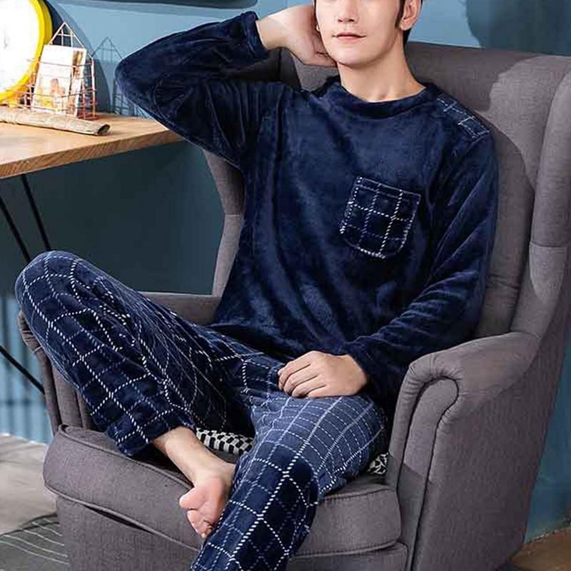 Winter Warm Flannel Boy Sleepwear Thermal Velvet Cartoon Plaid Men's Pajama Sets Casual Pjs Male Loungewear Pyjamas Nightwear
