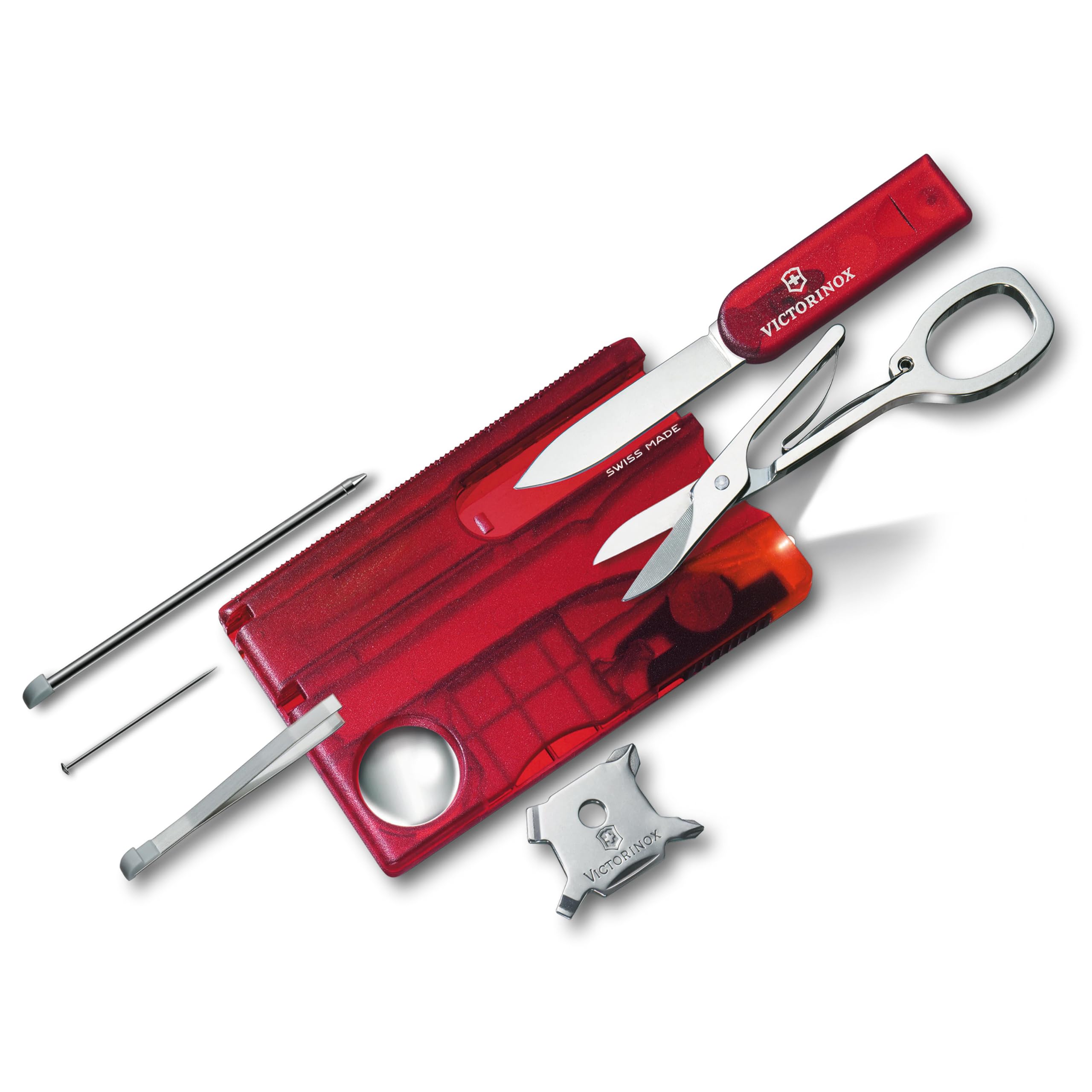 

VICTORINOX Swiss Card Light Translucent Red Swiss Army Knife, Multi-Function Stationery, Magnifying Glass, Ballpoint Pen, LED Light, and Phillips Scre