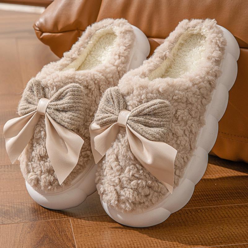 Women's Cotton Bow Slippers - Warm, Thick-Soled, Non-Slip Plush for Autumn and Winter