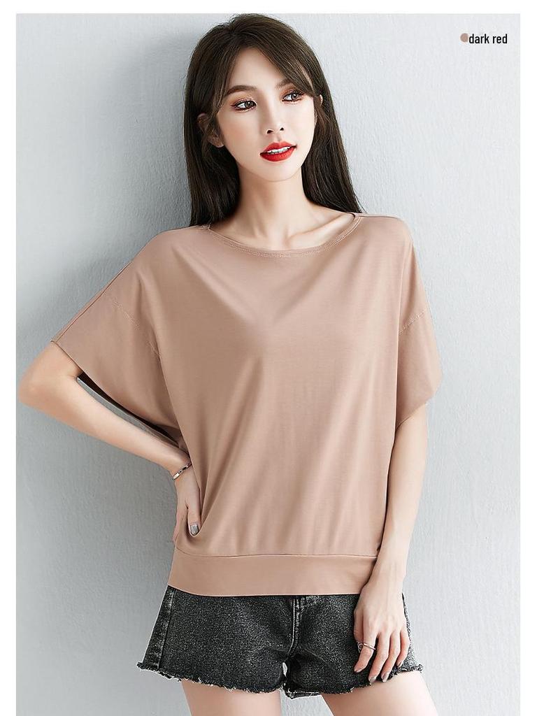 Women's Solid Color One-Shoulder T-Shirt, Casual Loose Fit, Short-Sleeve, Versatile Spring/Autumn Top