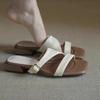 Fashion Low Heel Slippers Women's Fashion Square Toe Open Toe Woven Soft Slip Non-Slip Square Heel Flip-Flops with Metal Buckle