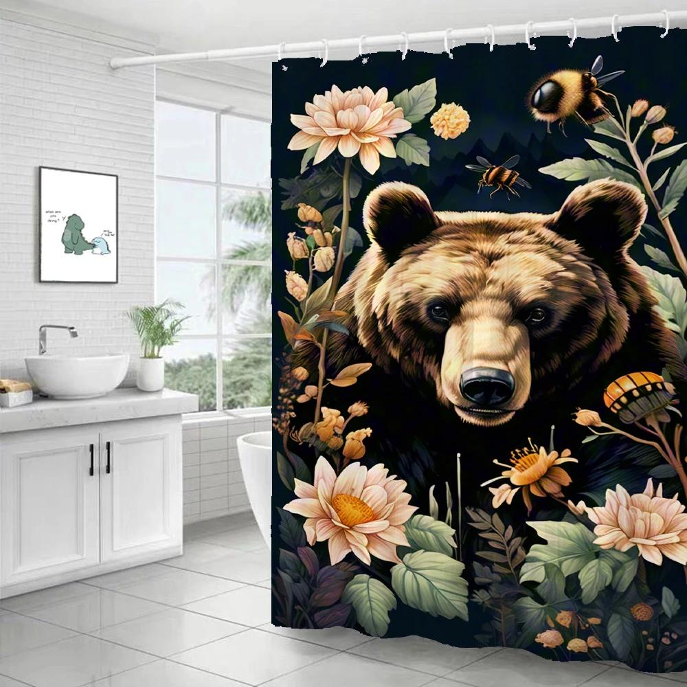 1 pcs Bear, panda, cat, animal printed shower curtain bathroom partition bathroom curtain with hooks home decorative curtain