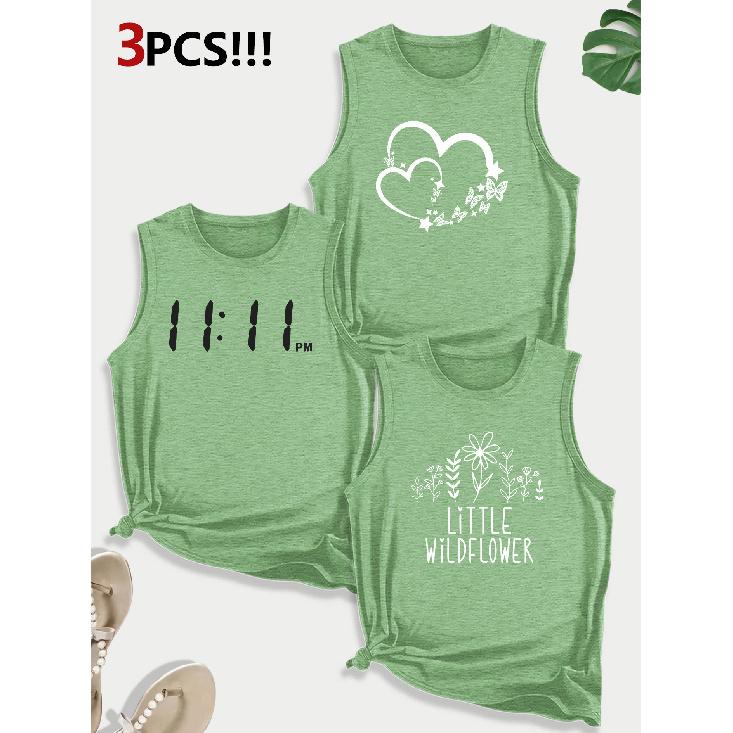 Line Floral Letter Combination Gift Print Pattern Round neck3Pack of Sleeveless Vests for Women In Spring, Summer, and Autumn