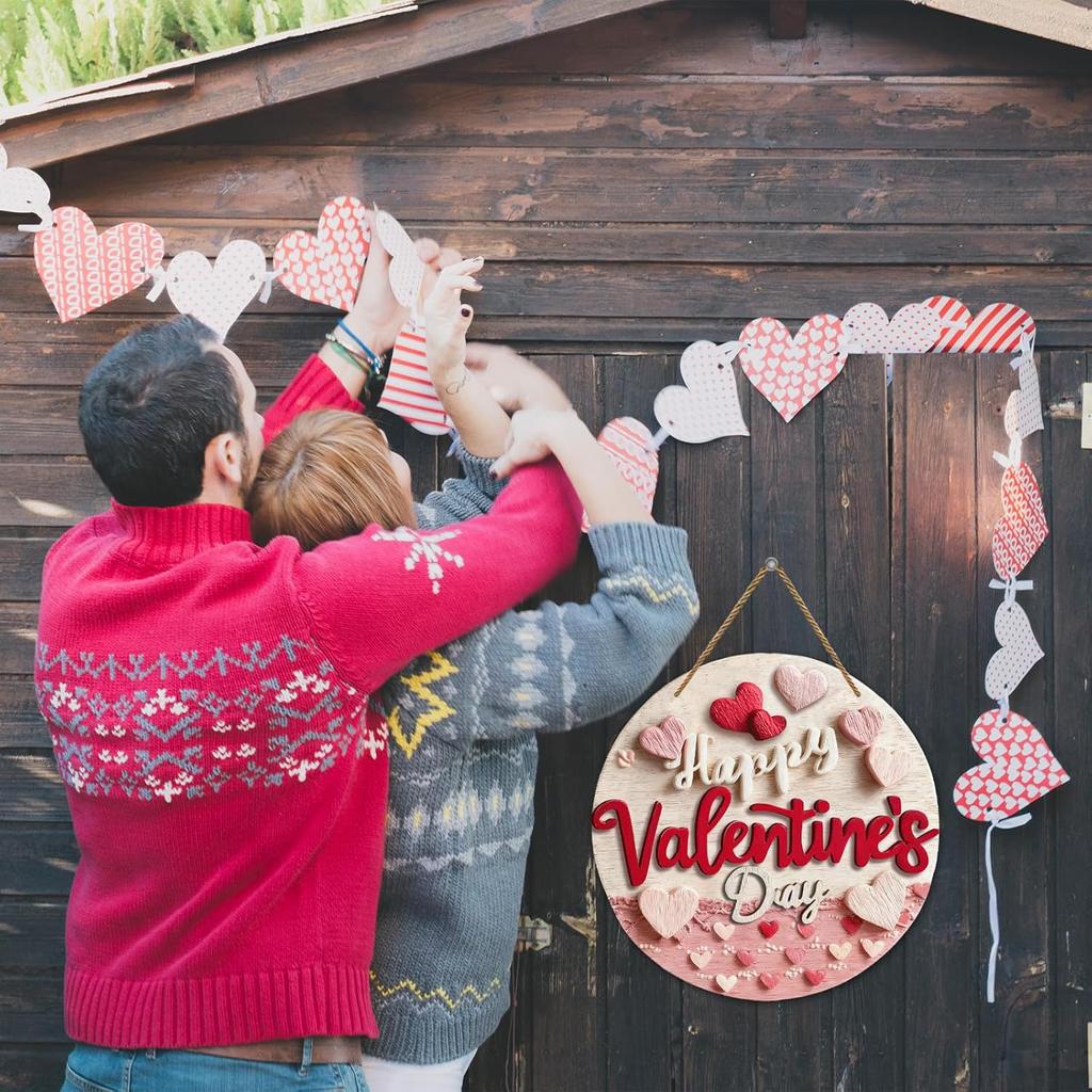 Happy Valentine's Day Welcome Door Sign Valentine's Day Hanging Sign Valentine Wreaths for Front Door Red Pink Love Hearts Door Hanger Indoor Outside
