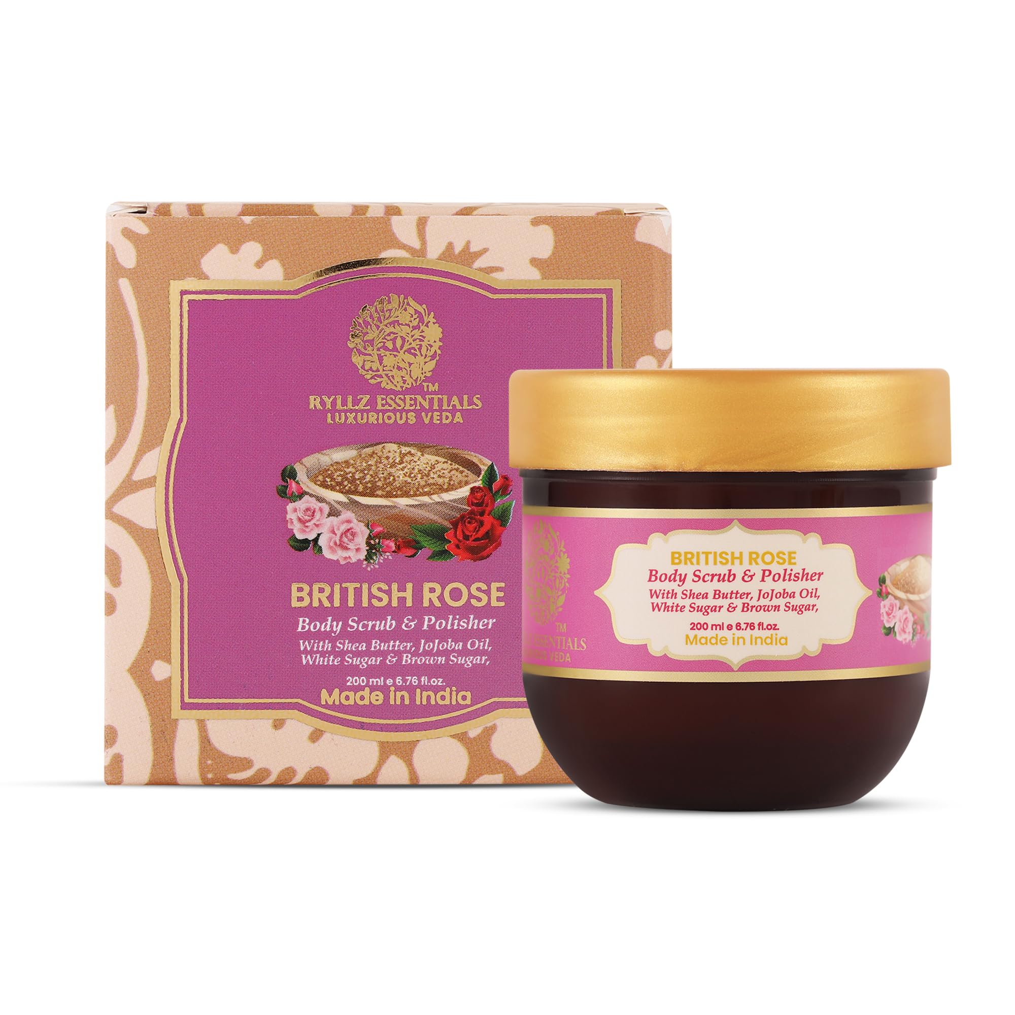 

RYLLZ ESSENTIALS British Rose Body Scrub & Polisher | with White Sugar, Brown Sugar Jojoba Oil, Hyaluronic Acid, Kojic A