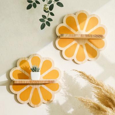 Decorative Floating Shelf Flower Shape Wall Shelf Wooden Wall Plant Holder Crystal