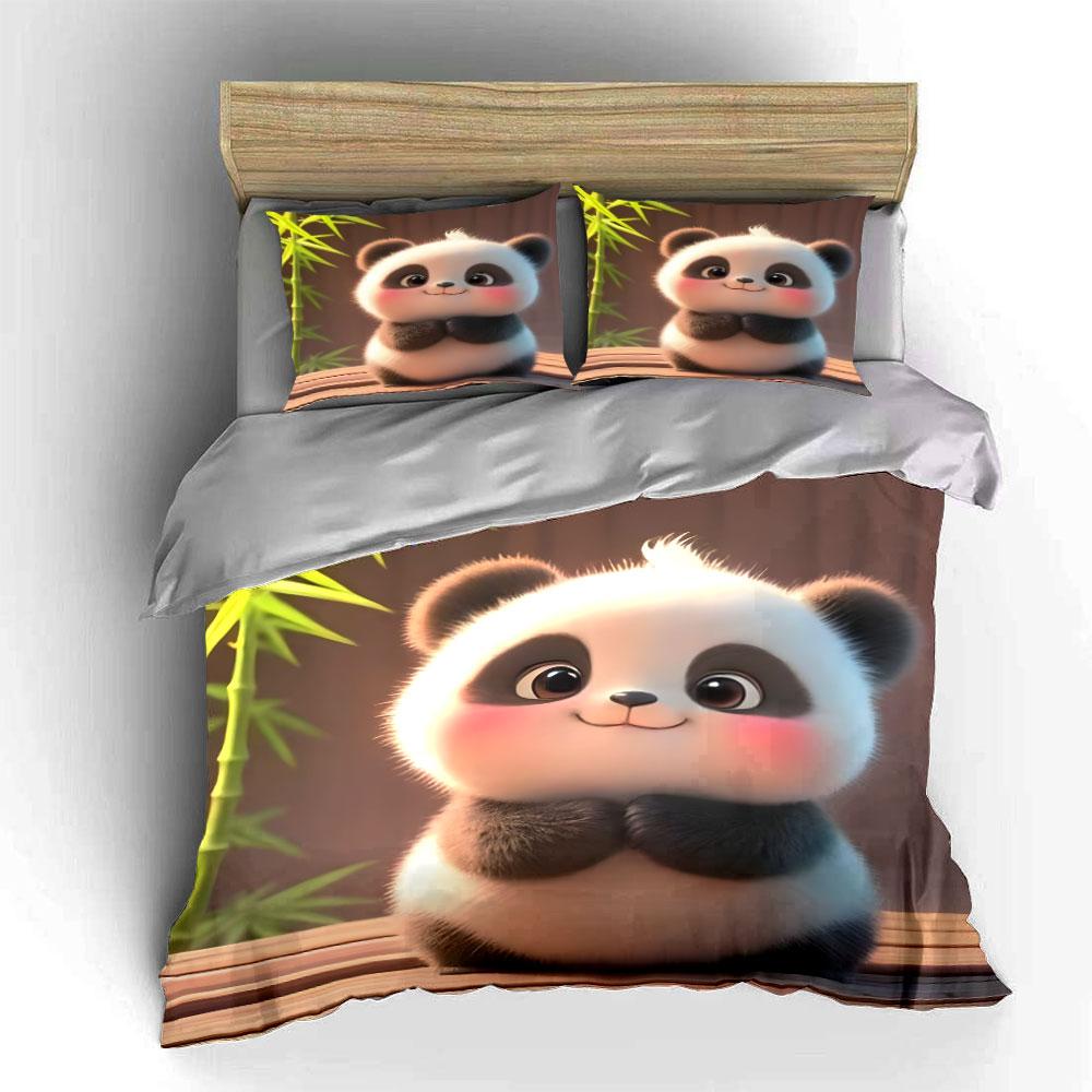Adorable Baby Panda Smiling Gently Duvet Cover Set With 3D Printing Design Soft Polyester Bedding Set All-Season Comfort