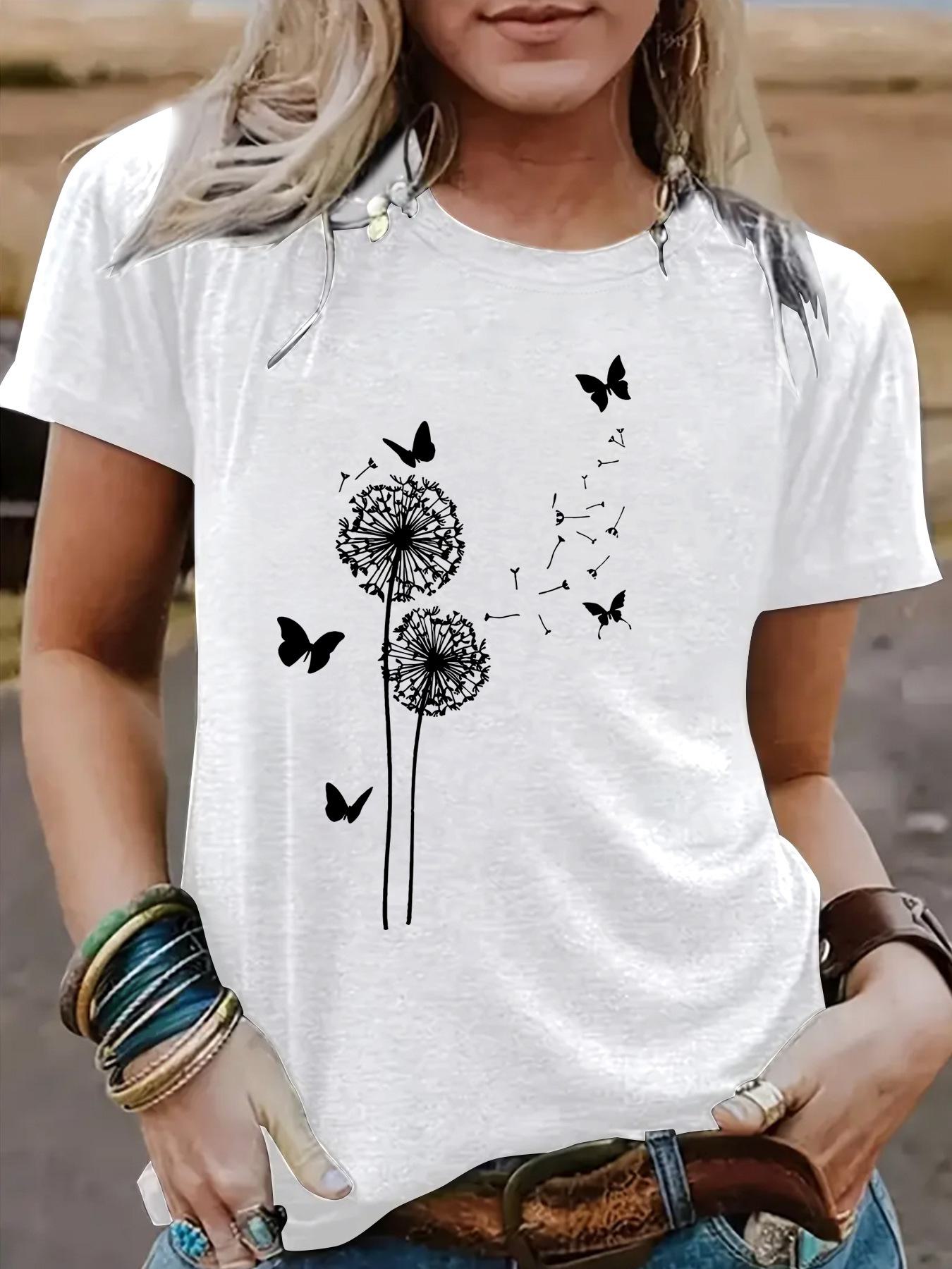 

Женская футболка с круглым вырезом и коротким рукавом с рисунком одуванчика: Европейская и американская летняя мода. XXL